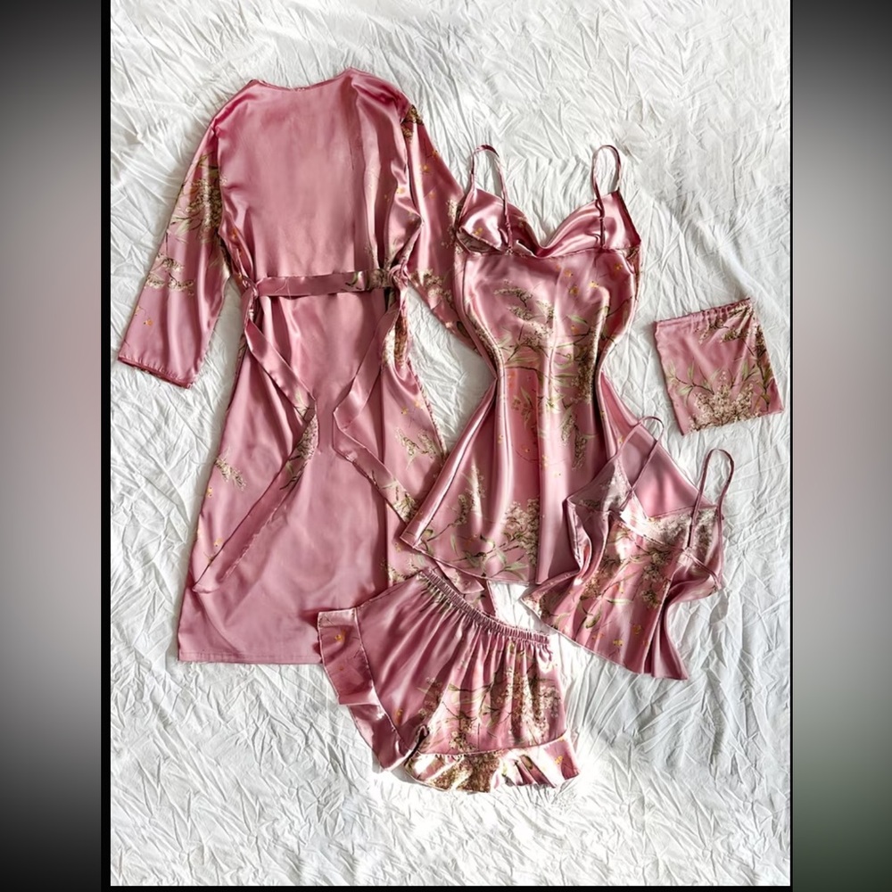 4 piece Silky Pink Floral Satin Lingerie Set